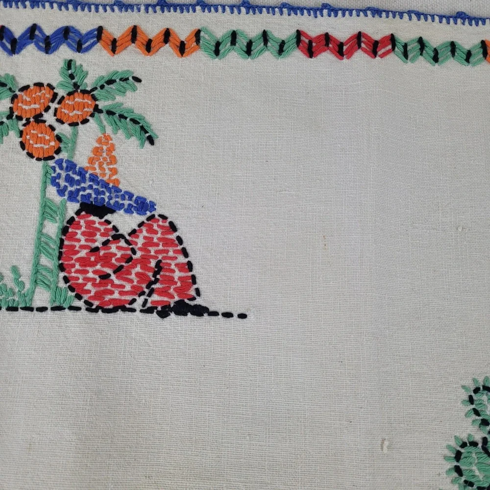 Vintage Mexican Hand Embroidered Table Linen Set 5pc Siesta‎ Donkey Folk Art